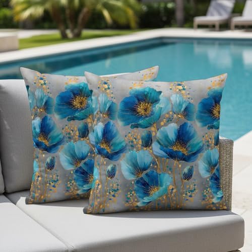 Set of 4 Blue Green Flowers Pillow Covers Modern Teal Gold Floral