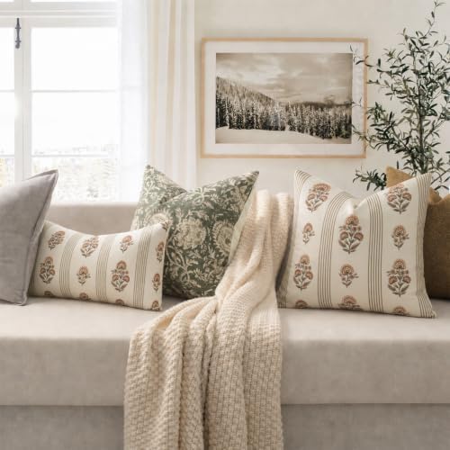 Vintage Throw Pillow Covers 20x20 Set of 2, Striped Floral Fall Pillow