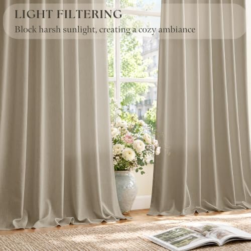 Light Brown Pinch Pleated Semi Sheer Linen Curtains 108 Inch Length