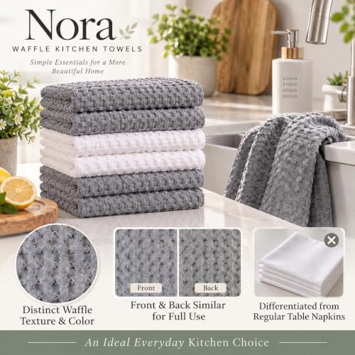 Nora Waffle Kitchen Towels Set of 6, Absorbent 18x28 Inch, Grey and