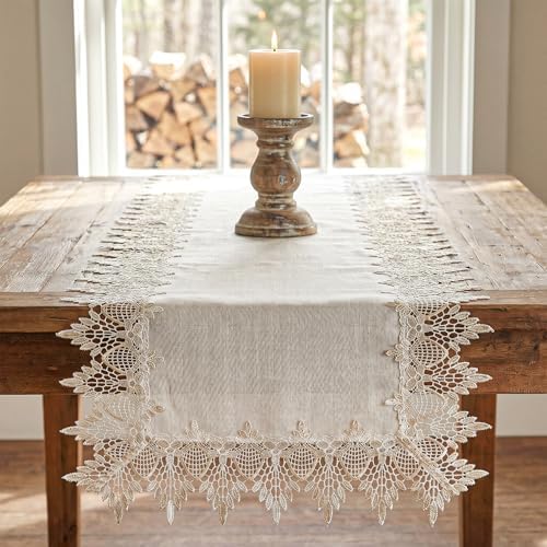 Natural Linen Table Runner, 36 inches Neutral Earth Tones Beige Lace