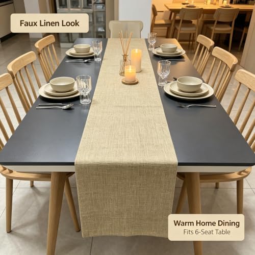 Taupe Faux Linen Table Runner Waterproof Rustic Farmhouse Table Decor