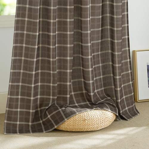 NICETOWN Taupe Plaid Print Linen Gingham Curtains 96 inches Long