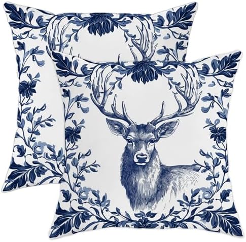 Navy Blue Deer Print Pillow Covers Set of 2, Floral Antler Throw