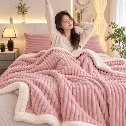 Ribbed Plush Fleece Blanket Double Layer Warm Throw Blanket for Bed