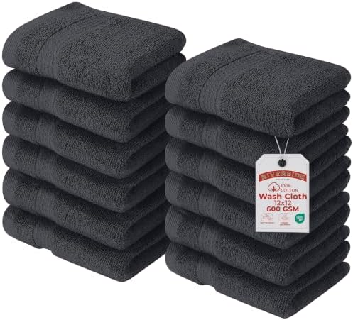 RIVERSIDE 12 Pack Premium Wash Cloths, 12x12 in, 600 GSM, Dark Gray