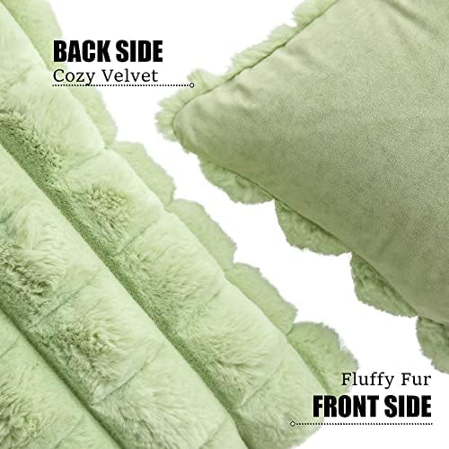 Neelvin Green Faux Fur Cozy Soft Plaid Decorative Throw Pillow Covers