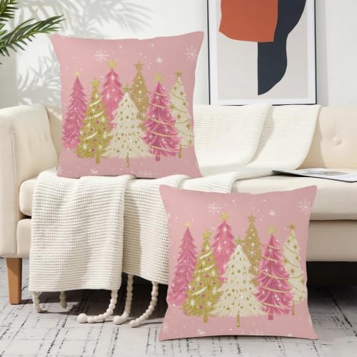 Pink Christmas Tree Pillow Covers 20x20 Set of 2 Xmas Pillow Cases