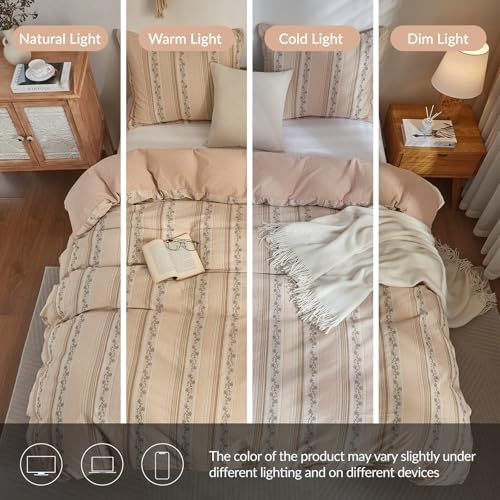 Bailix Floral Striped Duvet Cover Set Queen Size, 100% Washed Cotton