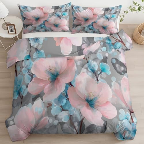 Watercolor Flowers Plants King Duvet Cover Set, Soft Microfiber