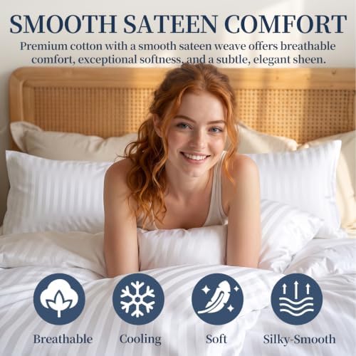 Cotton Sateen Stripe Duvet Cover Set Soft Hotel Bedding White,90