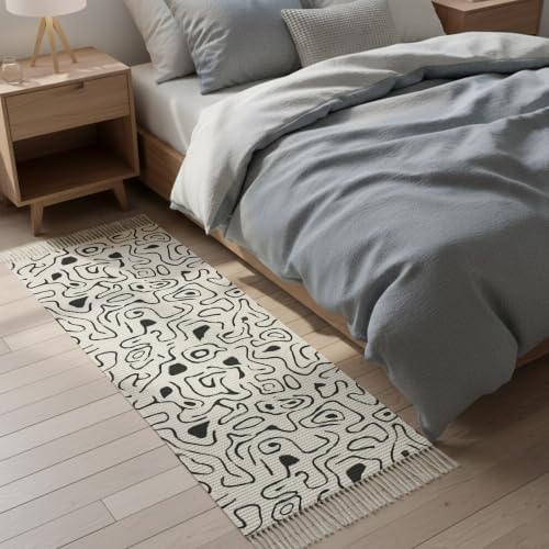 Abstract Boho Hallway Runner Rug 2'x5', Modern Fluid Lines Black Gray