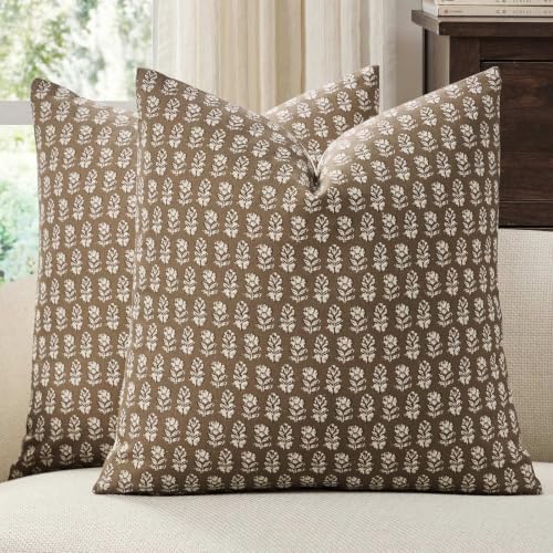 2 Pack Decorative Floral Print Pillow Covers 18x18in, Cinnamon