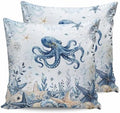 Blue Octopus Coastal Pillow Covers 26x26 Set of 2, Beach Starfish