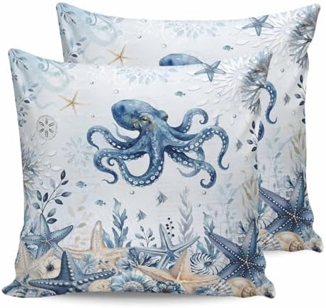 Blue Octopus Coastal Pillow Covers 26x26 Set of 2, Beach Starfish