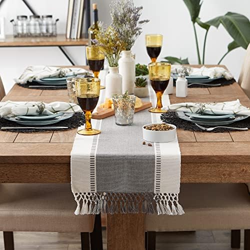 DII Dobby Stripe Table Runner, 13x72 Cool Gray & Cream Background