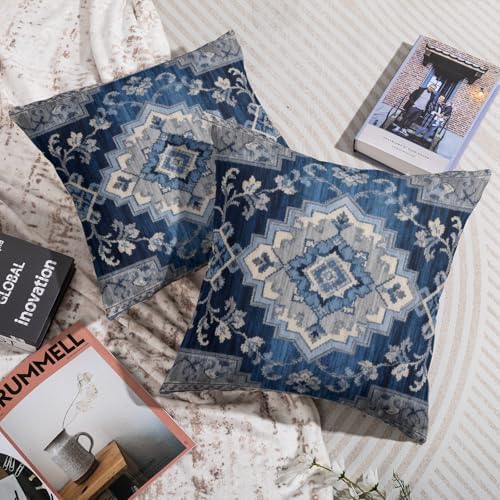 Boho Pillow Covers 20x20 Inch Set of 2 Navy Blue Vintage Floral Carpet