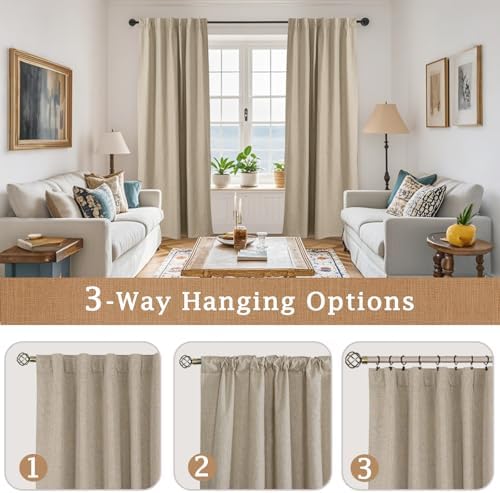 LAMIT Taupe 100% Blackout Linen Curtains for Living Room 84 Inch 2
