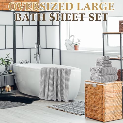 6 Pcs Oversized Bath Towels for Adults 35x70 Inches Gray & White