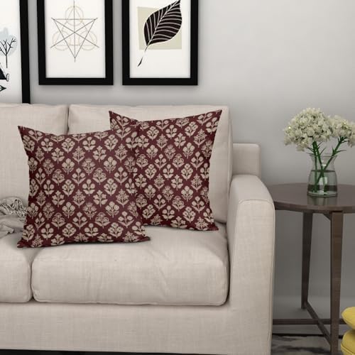 Burgundy Red Floral Block Print Pillow Covers 18x18 Inch Set of 2