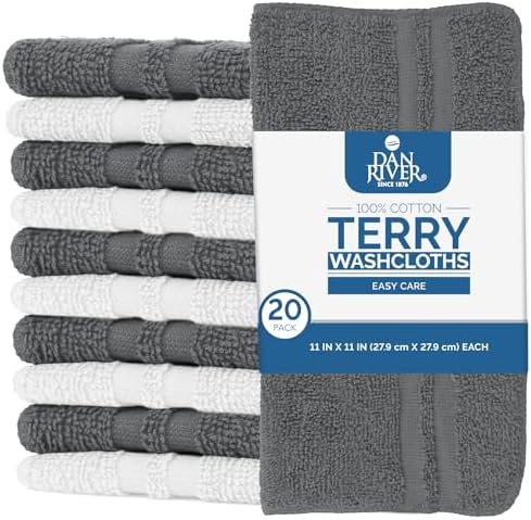 DAN RIVER 100% Cotton Washcloths 20 Pack Premium Quality Face and Body