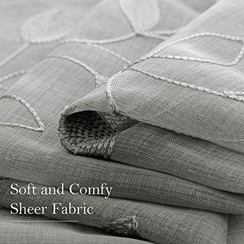 HOMEIDEAS Light Grey Sheer Curtains Leaf Embroidered, 52x63 Inch, 2