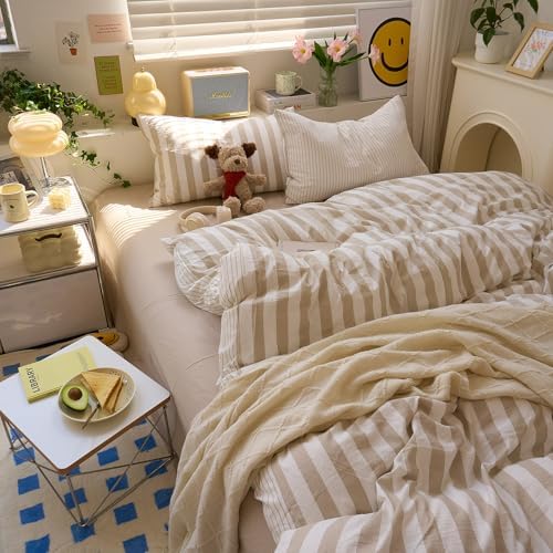 VM VOUGEMARKET Khaki Striped Duvet Cover Set,Twin(68"x86"),Khaki White