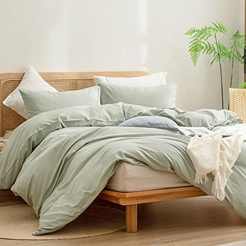 BESTOUCH Cotton Solid Duvet Cover Set Linen Feel Sage Green California
