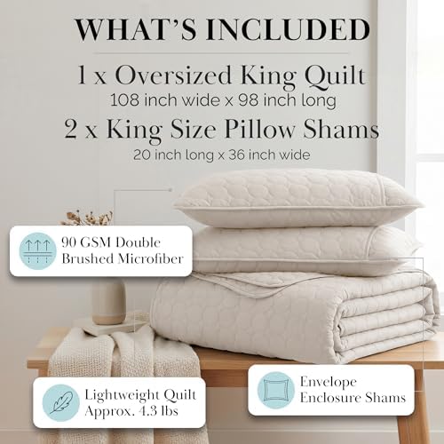 Beige King Quilt Set with 2 Quilted Pillow Shams, Summer Bedspread