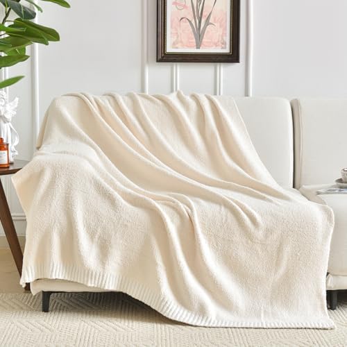 Chunky Knit Boucle Throw Blanket, Soft Washable Coastal Blanket for