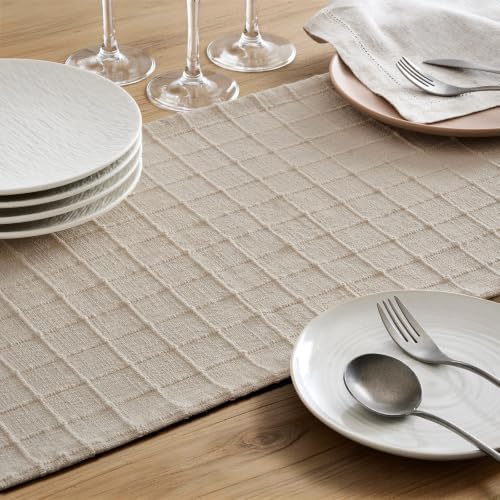 ZeeMart Artisanal Grid Linen Table Runner, 13x108 Inches Neutral Beige