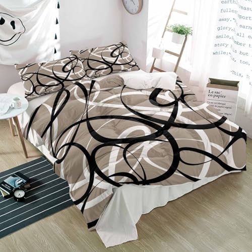Duvet Cover Set Queen, Abstract Stripe Black White on Gray 3 Piece