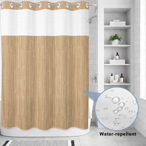 T&H XHome Beige Linen Texture No Hook Shower Curtain, Rustic Solid