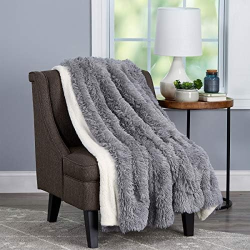 Bedford Home 60x70 Pewter Faux Fur Blanket - Long Pile Rabbit Sherpa