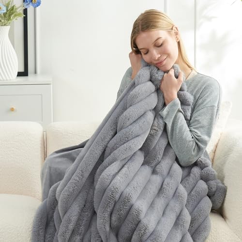 Cozy Bliss Faux Fur Throw Blanket for Couch, Cozy Warm Plush Striped