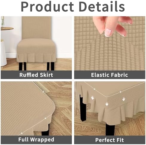 Easy-Going 8 PCS Stretch Dining Room Chair Covers with Skirt, Sand