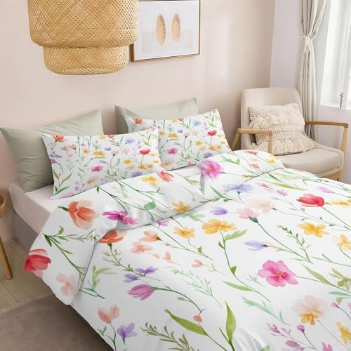 California King Duvet Cover Set Cheerful Wildflower Pattern Soft