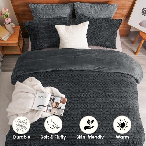 PHF Fluffy Sherpa Fleece Queen Comforter Set, 3 Pieces Warm Fuzzy Soft