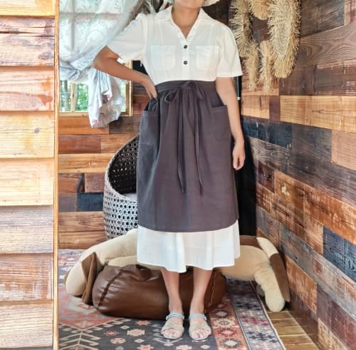 Unisex Chef Aprons White Retro Cotton Maid Short 2 Pockets Waist