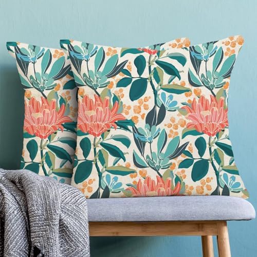 AEIOAE Floral Pillow Covers 20 x 20 Inch Set of 2, Green Coral Orange