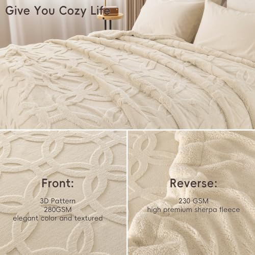 PHF Soft Sherpa Fleece Blanket King, Tufted Jacquard, 01-Oat Milk