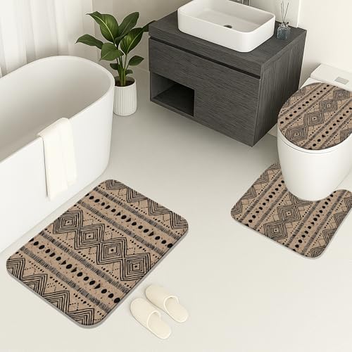 Geometric Bathroom Mat Sets 3 Piece, Rustic Beige Pattern Absorbent