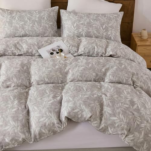 Herside King Duvet Cover Set,100% Cotton Double Gauze,Gray Botanical