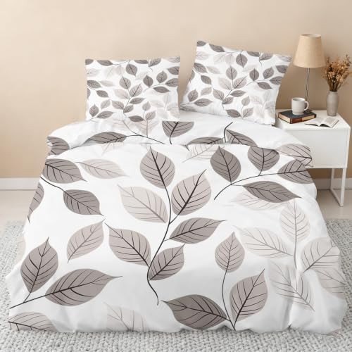 Grey Leaf Bedding King Duvet Cover, Modern Botanical Bedroom Decor