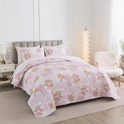 Soul & Lane - Pink Floral Patchwork Cotton Quilt Set, King with 2