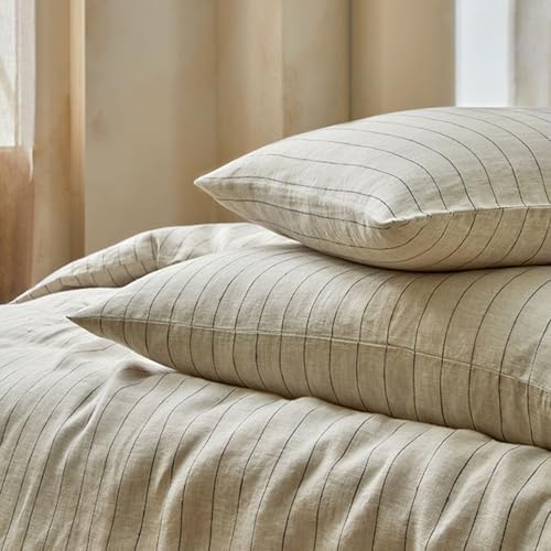 mixinni 3 Piece Striped Duvet Cover Set, Neutral Washed Cotton Linen