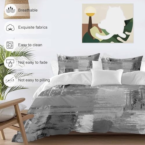 Grey Abstract Bedding Queen Duvet Cover Set, 3 Piece Microfiber Soft