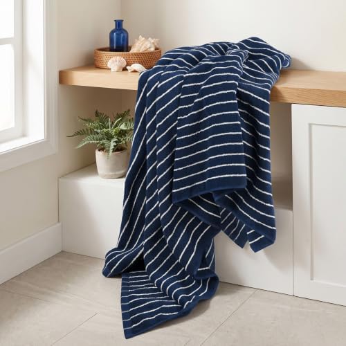 Navy Blue Bath Towels Set of 2, Striped Towels for Bathroom, Pool &