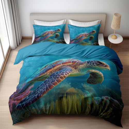King Duvet Cover Set Soft Microfiber Animals Sea Turtles Sky Blue