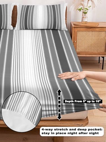Gray Vertical Stripes Twin XL Fitted Sheet Set, Retro Simple Neutral